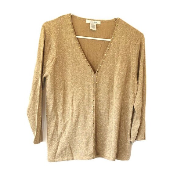 Gold Sweater Women Sz Medium Shimmery Sequin Natalie & Me Knit Metallic Design - Picture 2 of 9